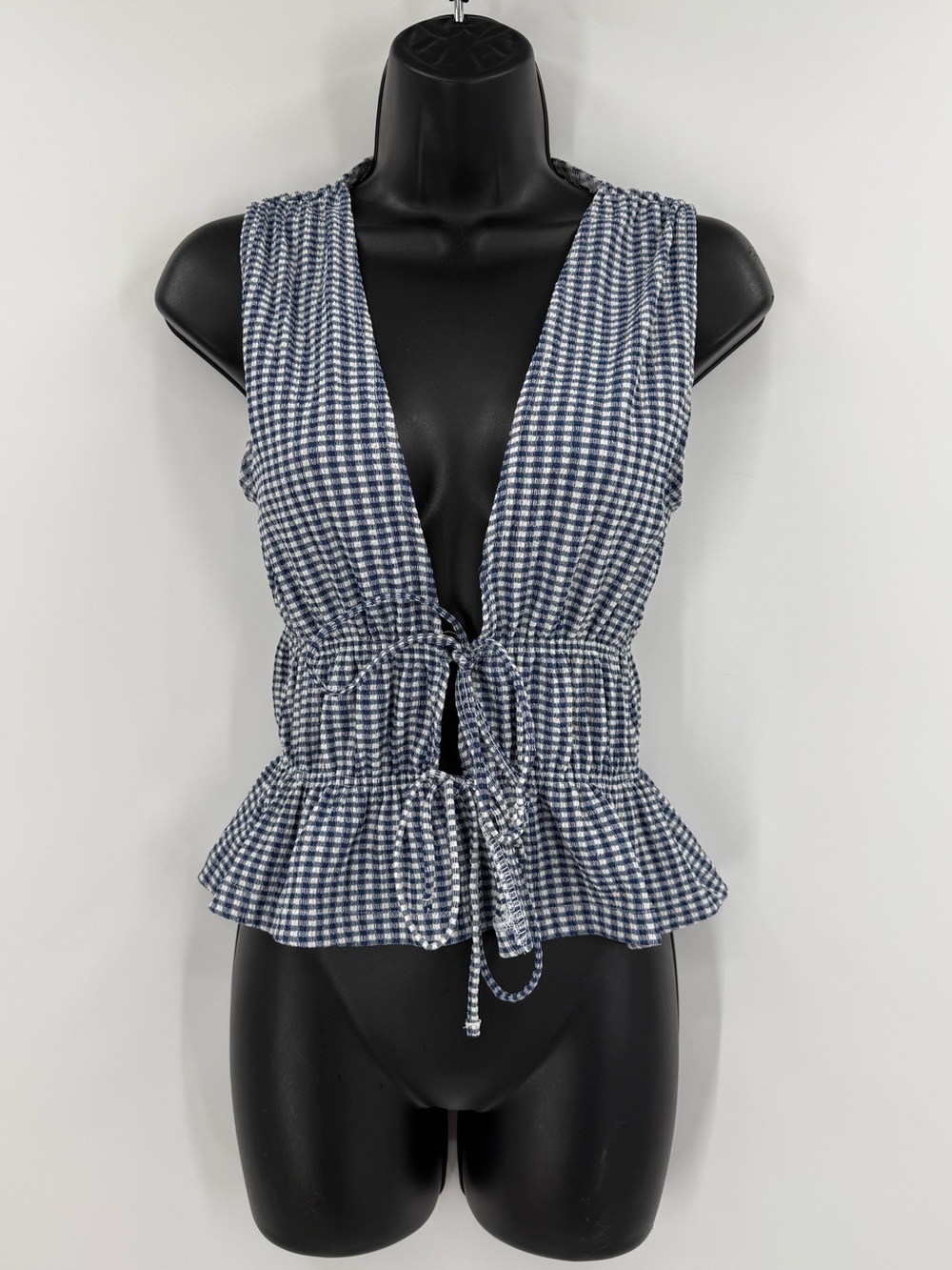 Zara Gingham Tie Front Peplum Top | Navy / White | Medium